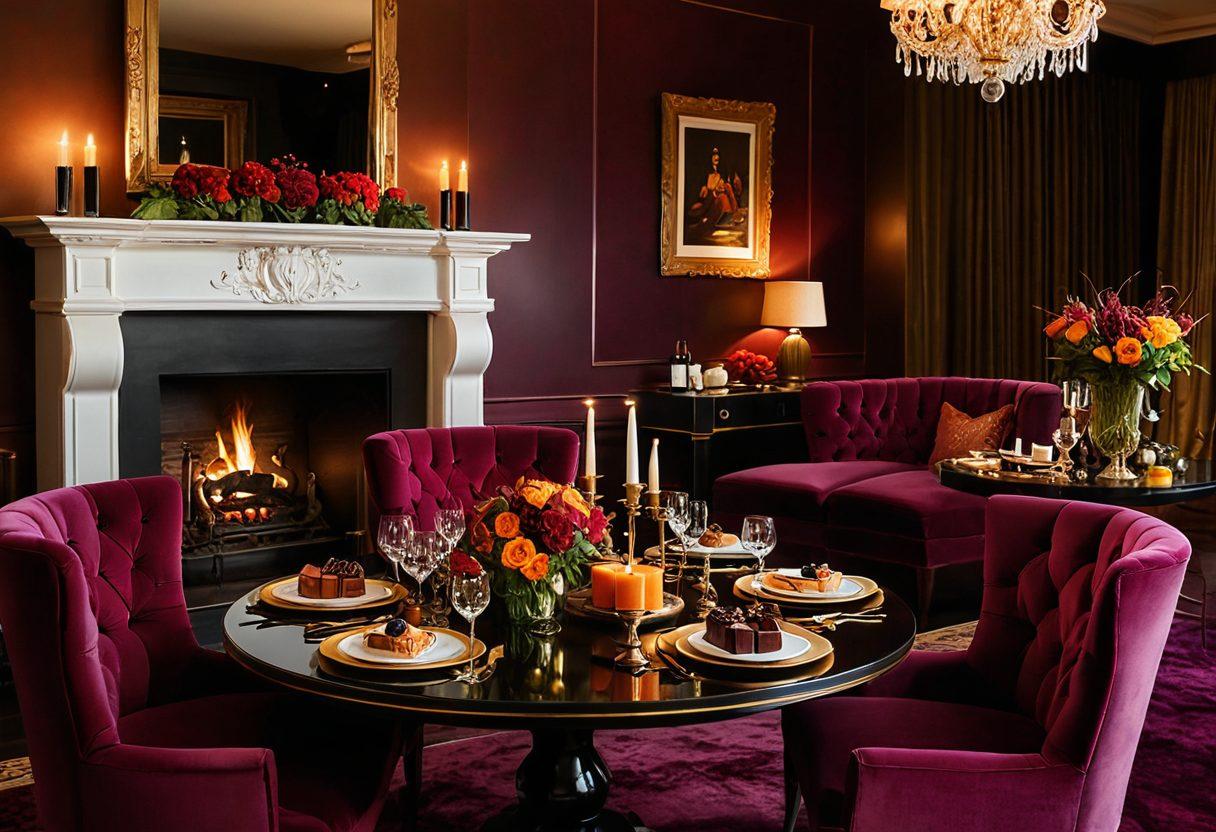 A lavish home setting filled with decadent treats, plush velvet furnishings, and ambient lighting, highlighting a beautifully set table with gourmet delicacies and rich desserts. In the background, a serene atmosphere with soft music notes floating, and a cozy fireplace glow. The scene should evoke a sense of warmth, comfort, and opulence. surrealism. vibrant colors. intimate setting.